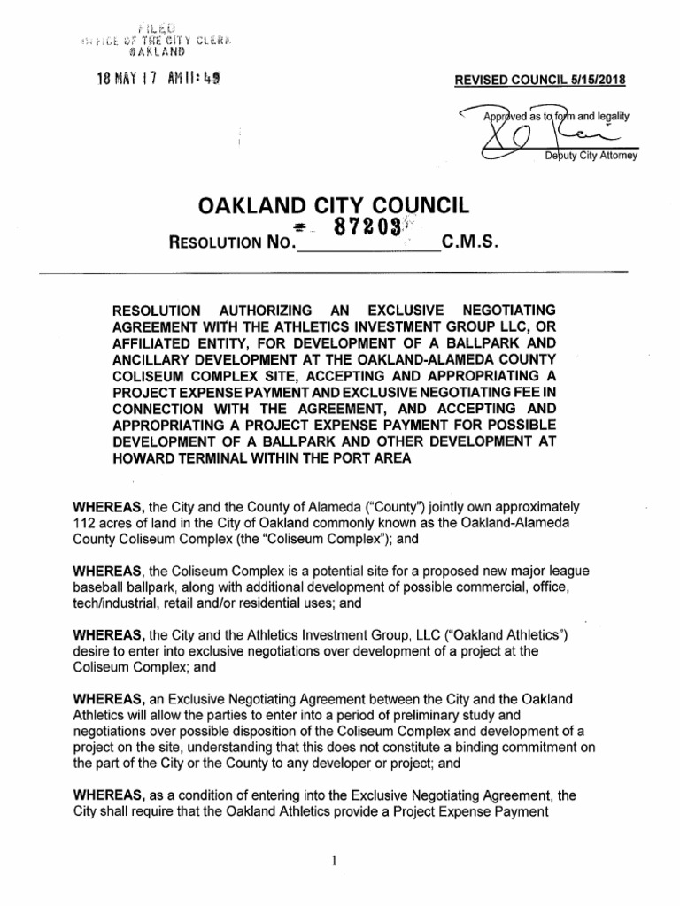 Oakland City Council Dual ENA Coliseum / Howard Terminal For Athletics