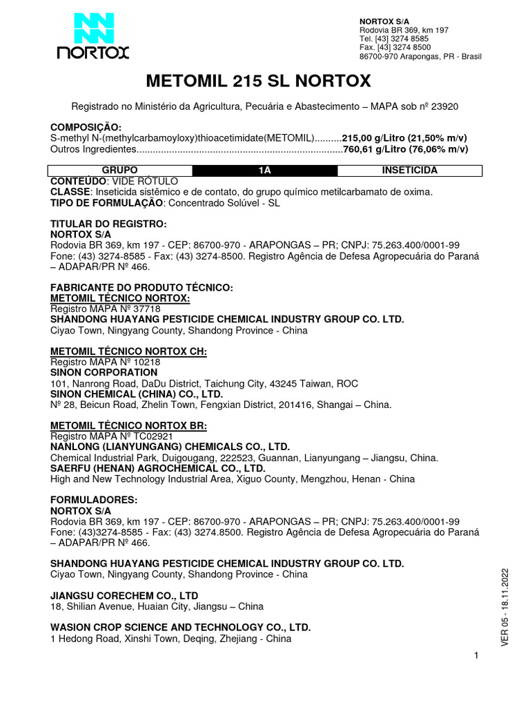 Inseticida Metomil 215 SL Nortox | PDF | Agricultura | Inseticida