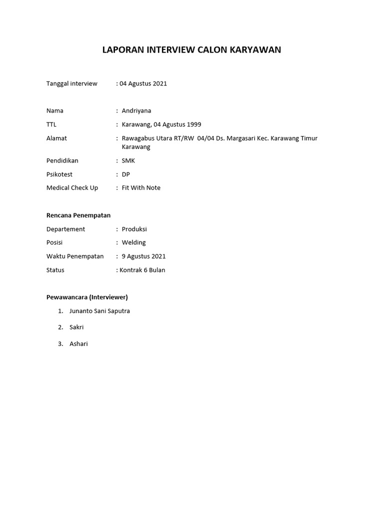 Laporan Hasil Interview Karyawan Baru | PDF