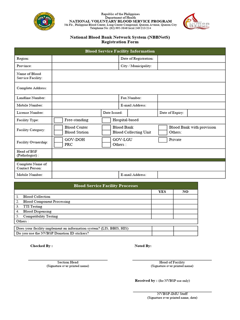 NBBNetS Registration Form for Blood Facilities | PDF | Information And ...