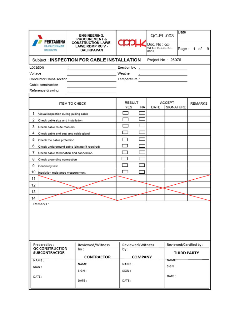QC-EL-003 Inspection For Cable Instalation | PDF