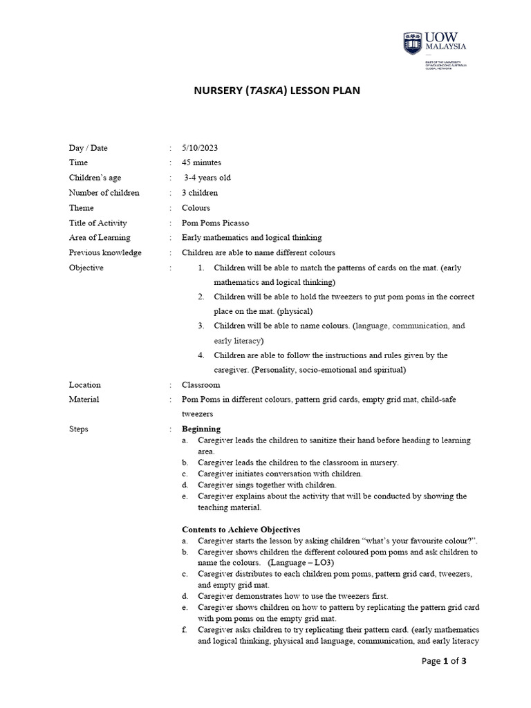 Pom Poms Picasso Lesson Plan Taska | PDF | Lesson Plan | Caregiver