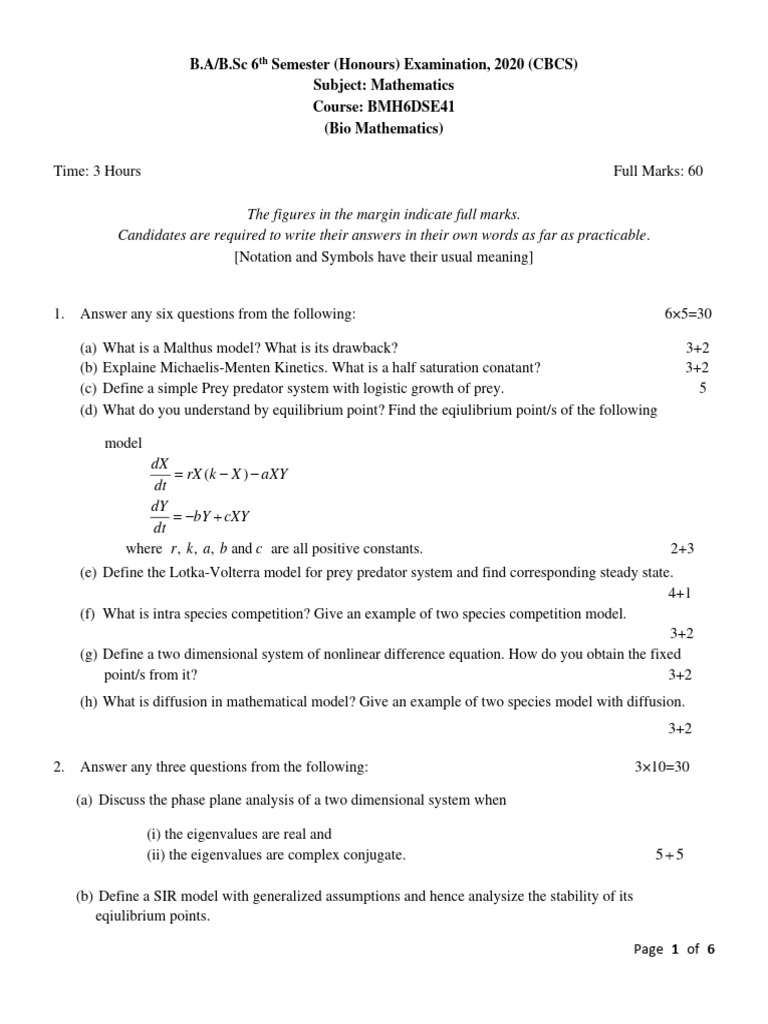 Bio Math & Geometry Exam 2020 | PDF | Differential Equations | Partial ...