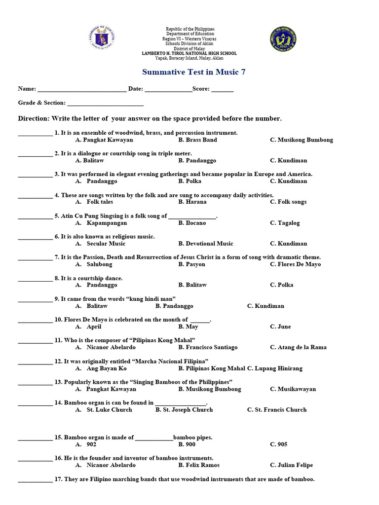Summative Test in Grade 7 | PDF | Performing Arts
