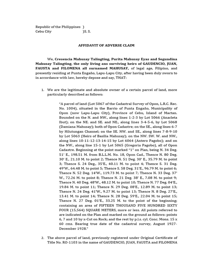 Affidavit of Adverse Claim in Cebu | PDF | Breach Of Contract | Civil ...