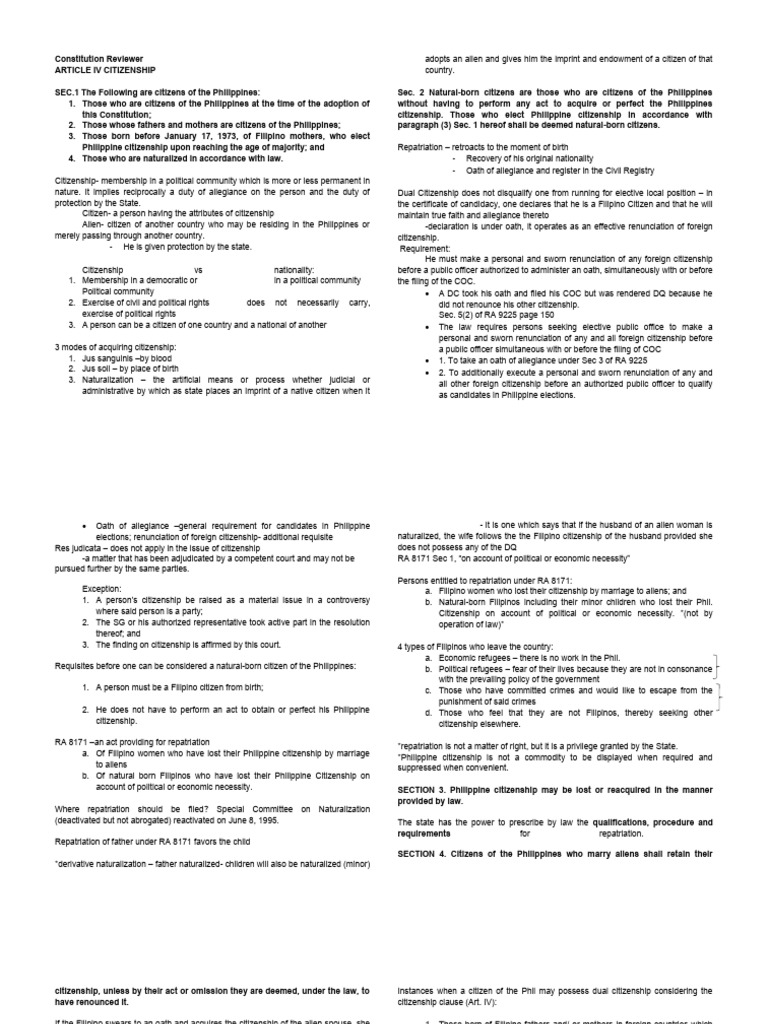 Constitution Reviewer Pdf Naturalization Separation Of Powers