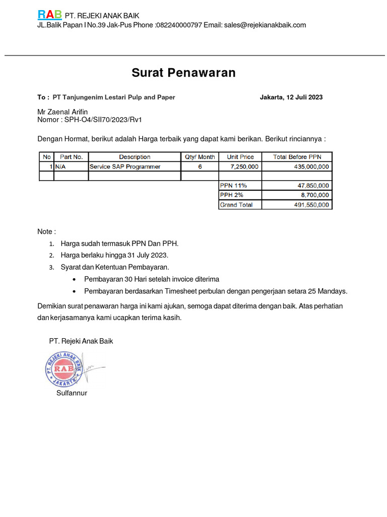 Surat Penawaran PT Tanjung Enim Subcon Service SAP Programmer 1 PDF
