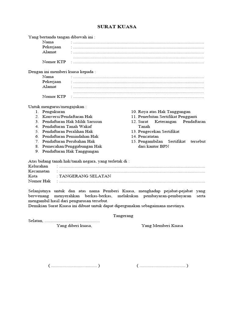 Surat Kuasa Pengurusan Sertifikat BPN | PDF