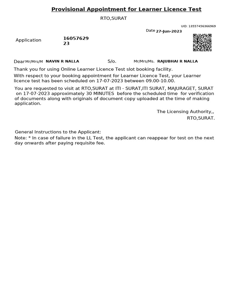 Provisional Appointment For Learner Licence Test PDF