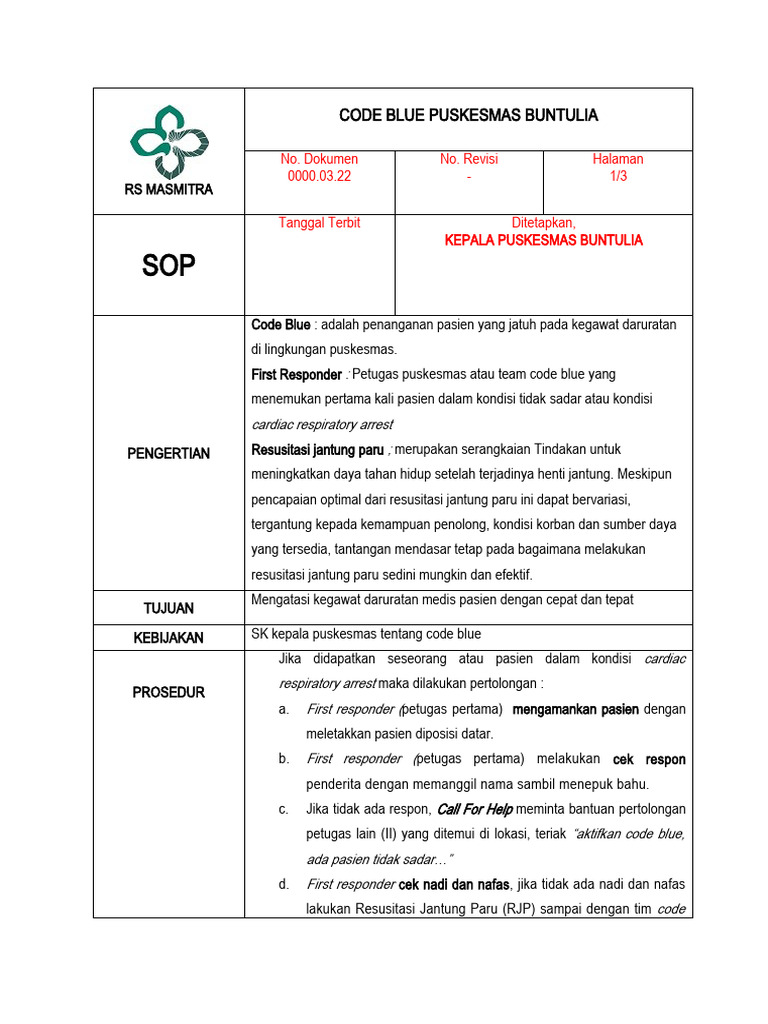 SOP Penanganan Code Blue Puskesmas | PDF