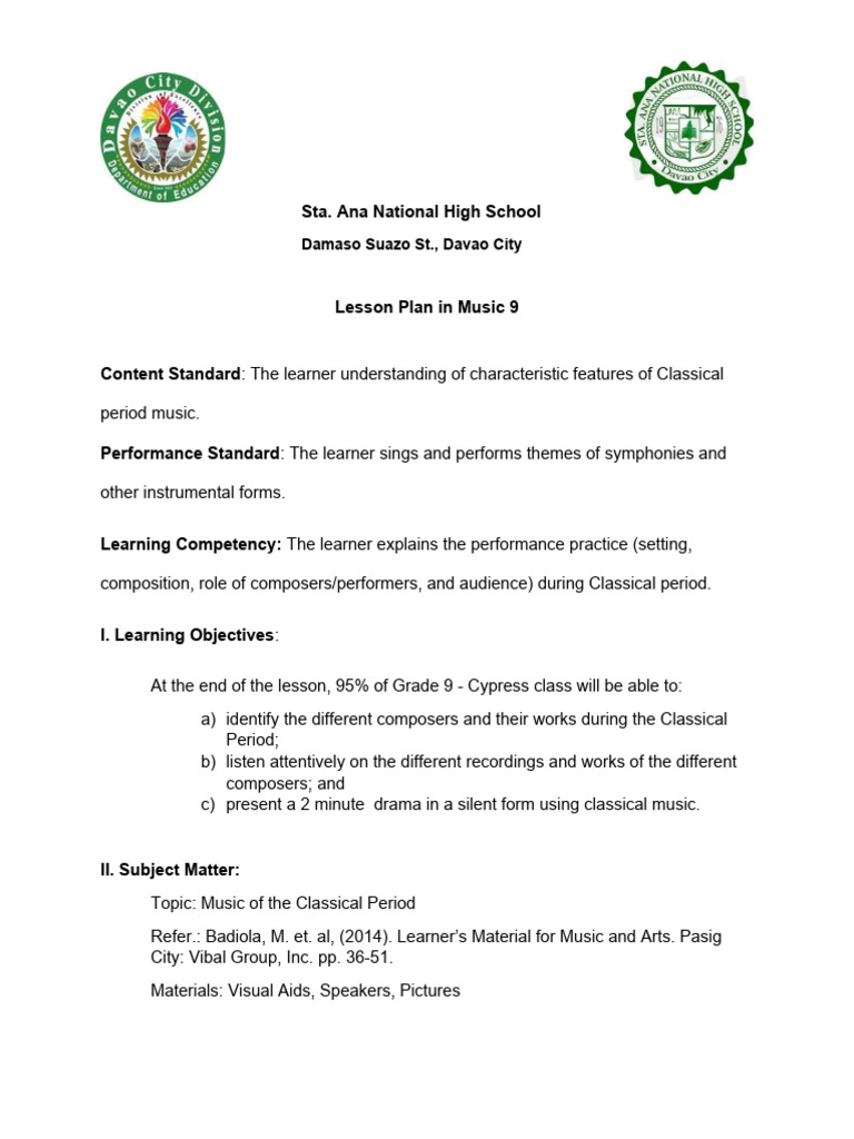 Music Lesson Plan for Grade 9 | PDF | Classical Period (Music ...