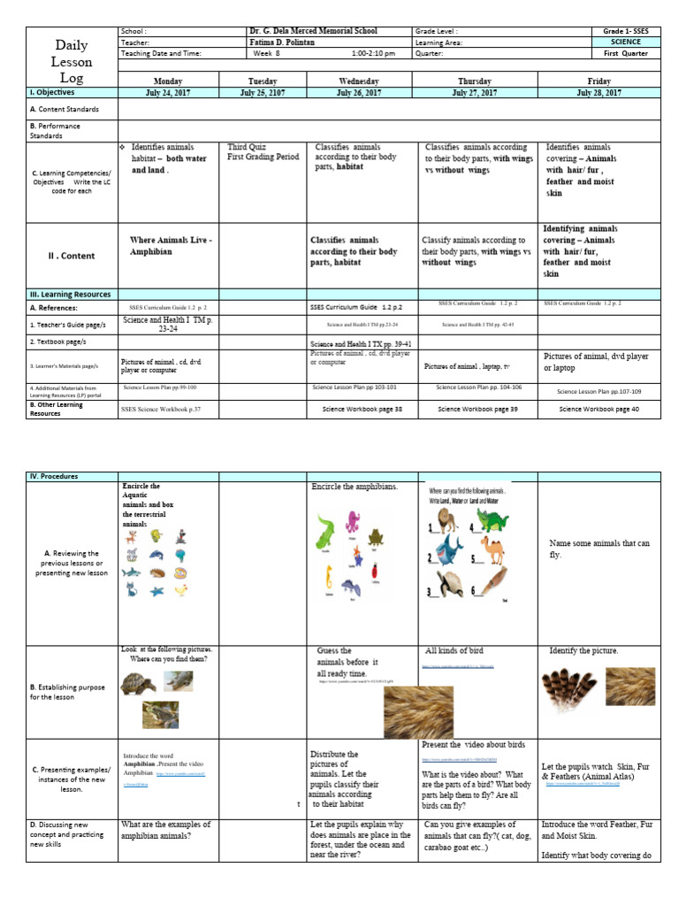Grade 1 Science Lesson Plan: Animals | PDF | Learning | Lesson Plan