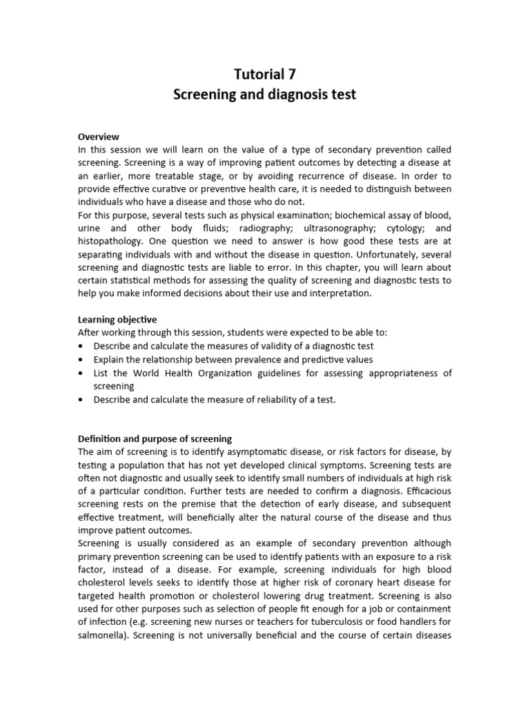 Screening and Diagnostic Test Overview | PDF | Sensitivity And ...