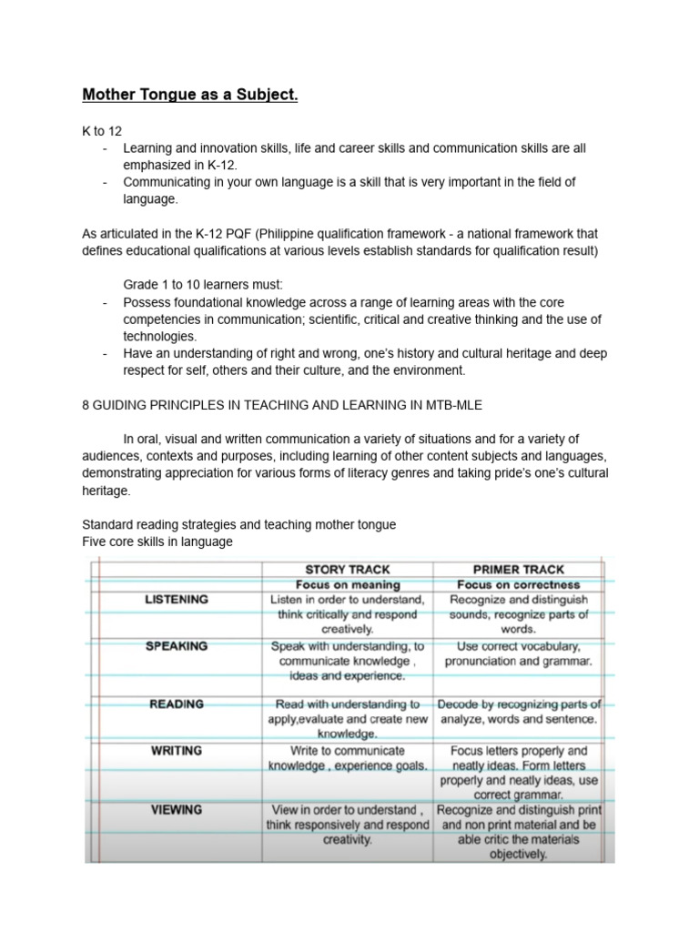 Mother Tongue As A Subject | PDF | Educational Assessment | Learning