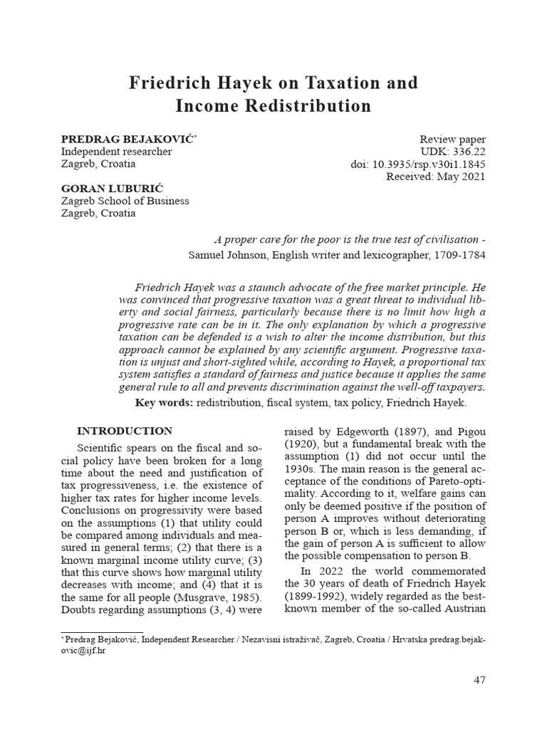 Friedrich Hayek On Taxation and Income Redistribution | PDF | Taxes