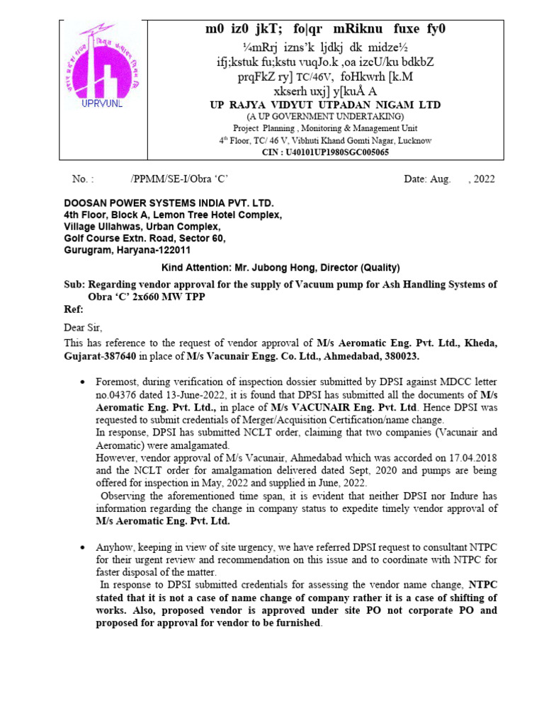 Letter For Vacuum Pump PDF