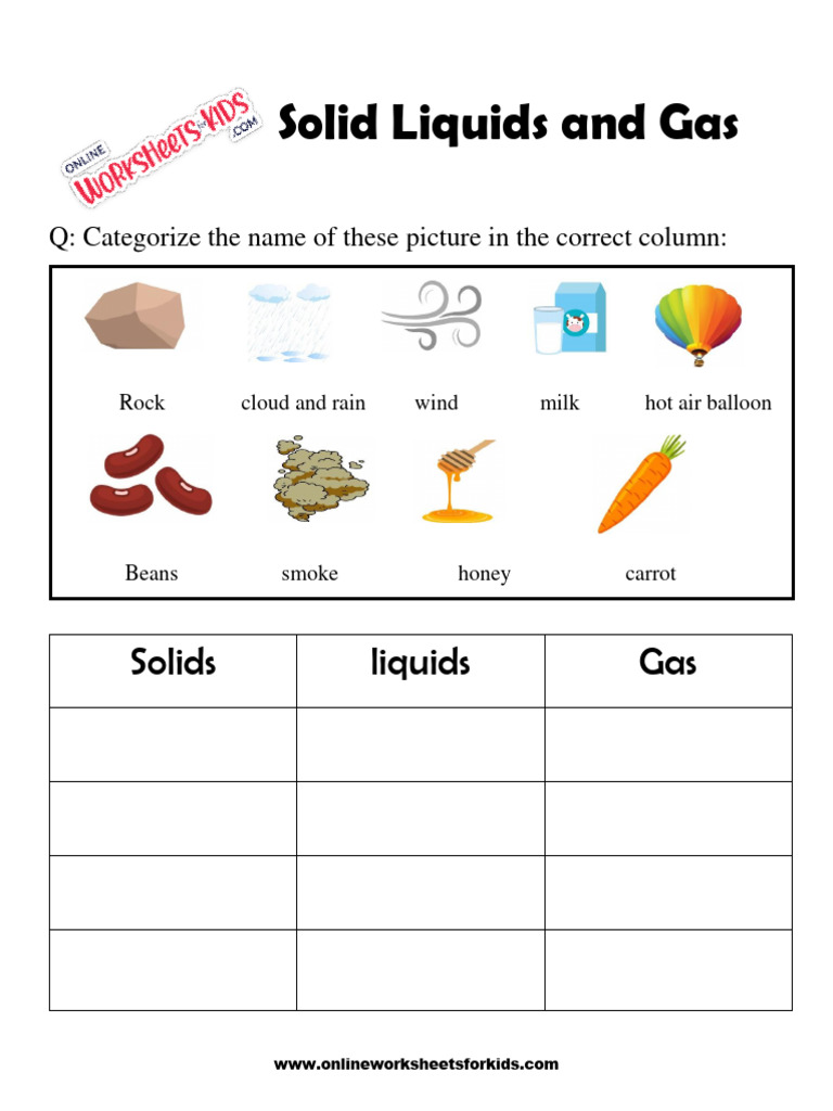 Solid Liquids and Gas Worksheet For Grade 17 PDF