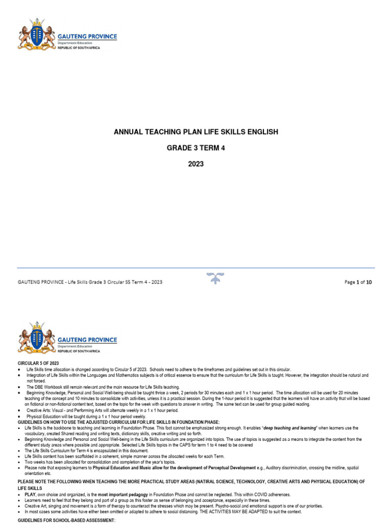 Life Skills ATP Grade 3 Circular S5 Term 4 2023 PDF Curriculum