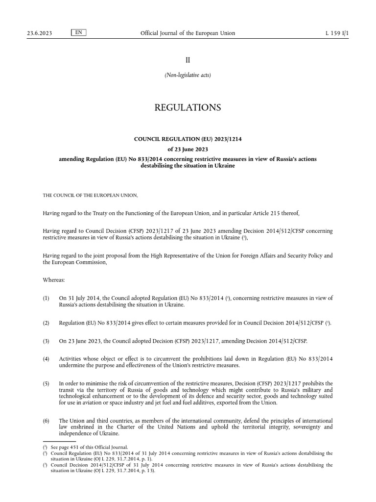 Amendments to EU Regulation 833/2014 | PDF | European Union ...