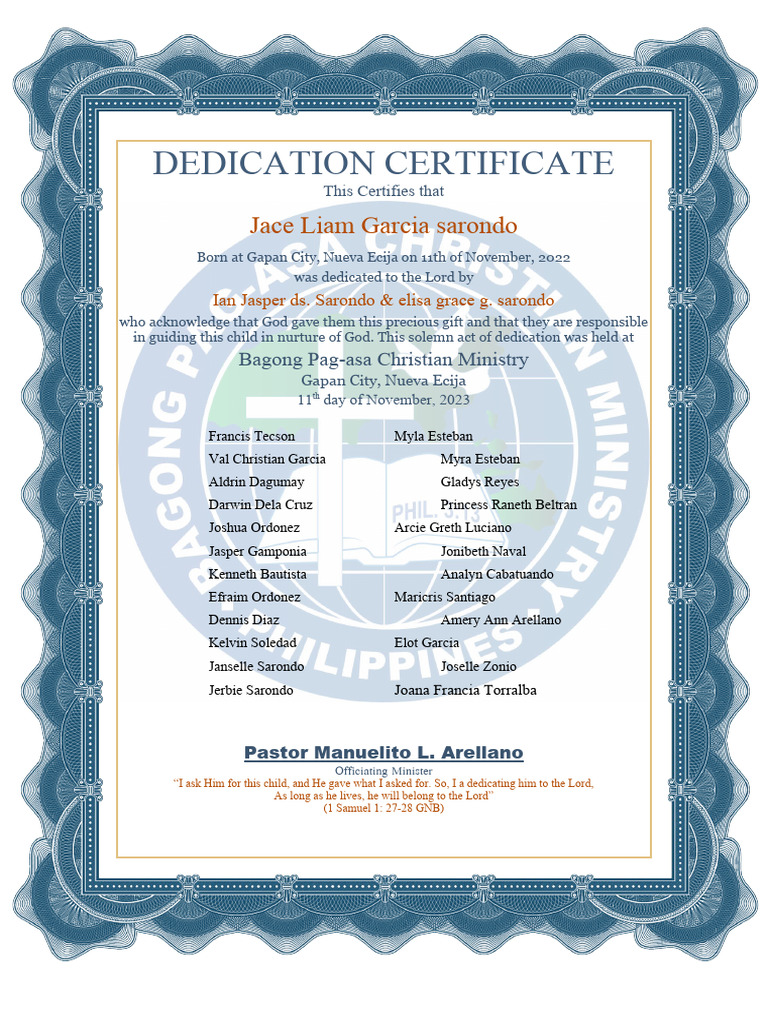 Jace Liam Garcia Dedication Certificate | PDF