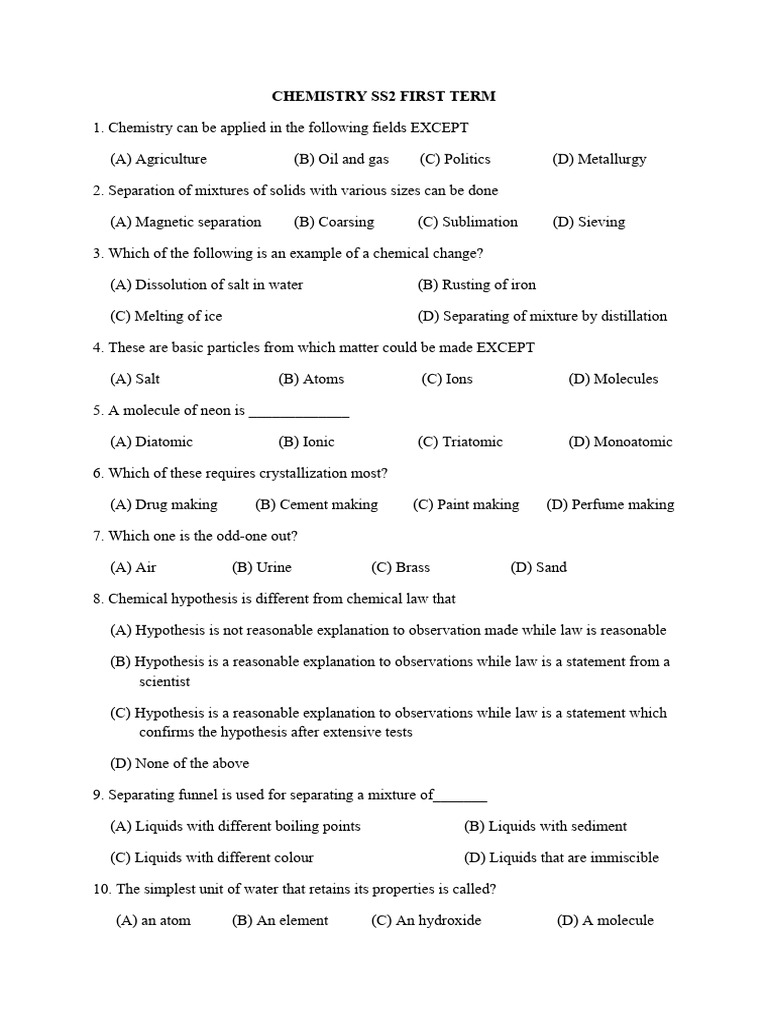 SS2 First Term Chemistry Questions | PDF | Molecules | Chemistry