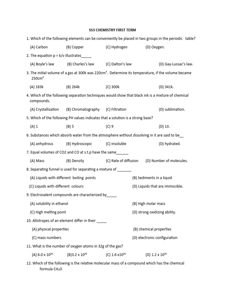 SS3 First Term Chemistry Exam Guide | PDF | Chemical Substances ...
