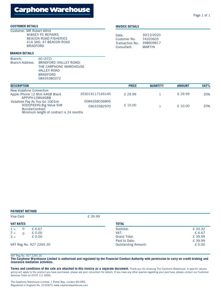 Carphone Warehouse Invoice for iPhone 12 Mini | PDF | Value Added Tax ...