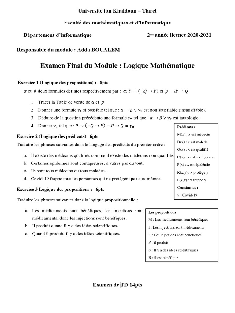 Examen de Logique Mathématique 2021 | PDF | Logique mathématique ...
