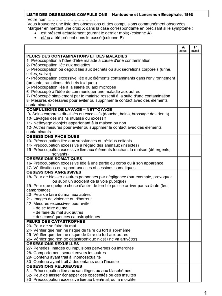 Liste des Obsessions et Compulsions | PDF | Trouble obsessionnel ...