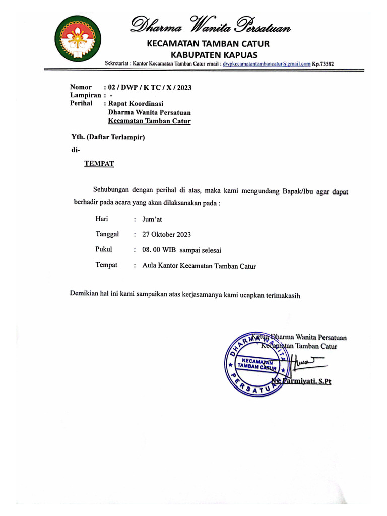 Undangan Rapat Koordinasi DWP KTC | PDF