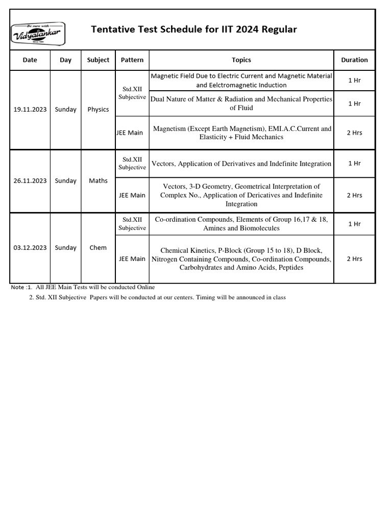 10.IIT 2024 Regular Test Schedule1 PDF Physical Sciences Chemistry
