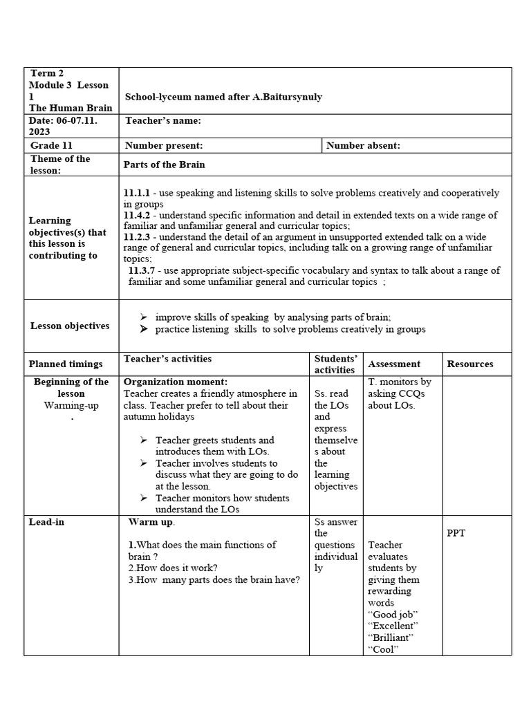 Parts of the Human Brain Lesson Plan | PDF | Pituitary Gland | Hypothalamus