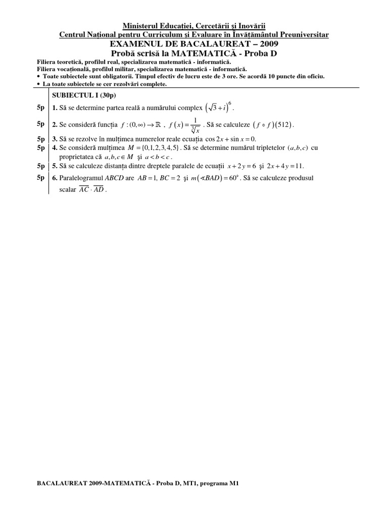 Subiecte M Mate-Info Examenul National de Bacalaureat 2009-2019 | PDF