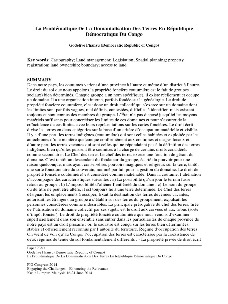 Domanialisation des terres en RDC | PDF | République démocratique du Congo