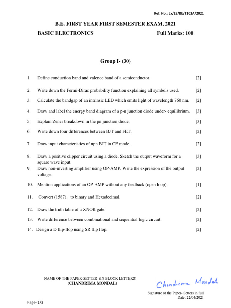 Basic Electronics Exam Paper 2021 | PDF | P–N Junction | Logic Gate
