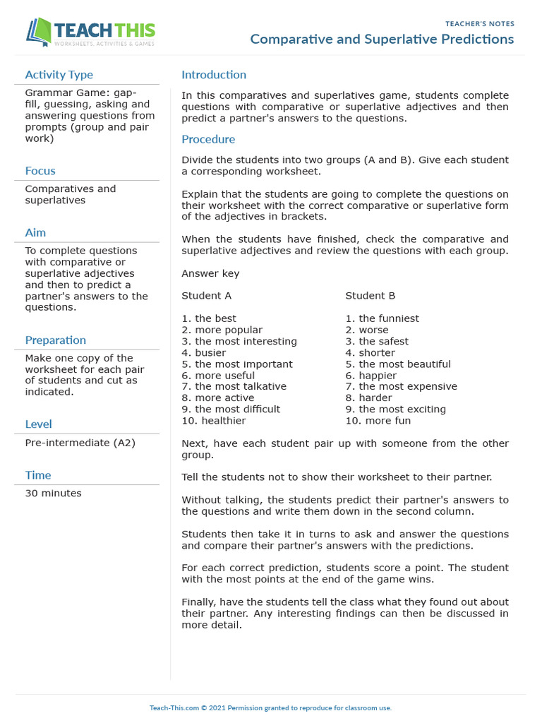 Comparative and Superlative Game Worksheet | PDF | Language Arts ...