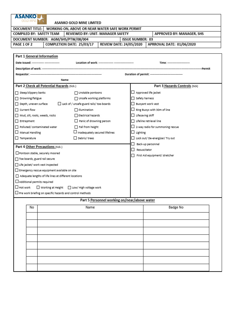 Working On, Above or Near Water Safe Work Permit Form | PDF ...