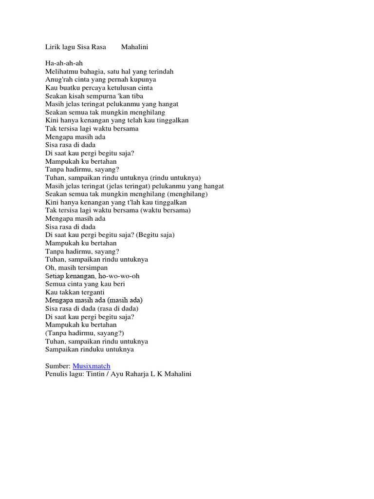 Lirik Lagu Sisa Rasa Mahalini | PDF