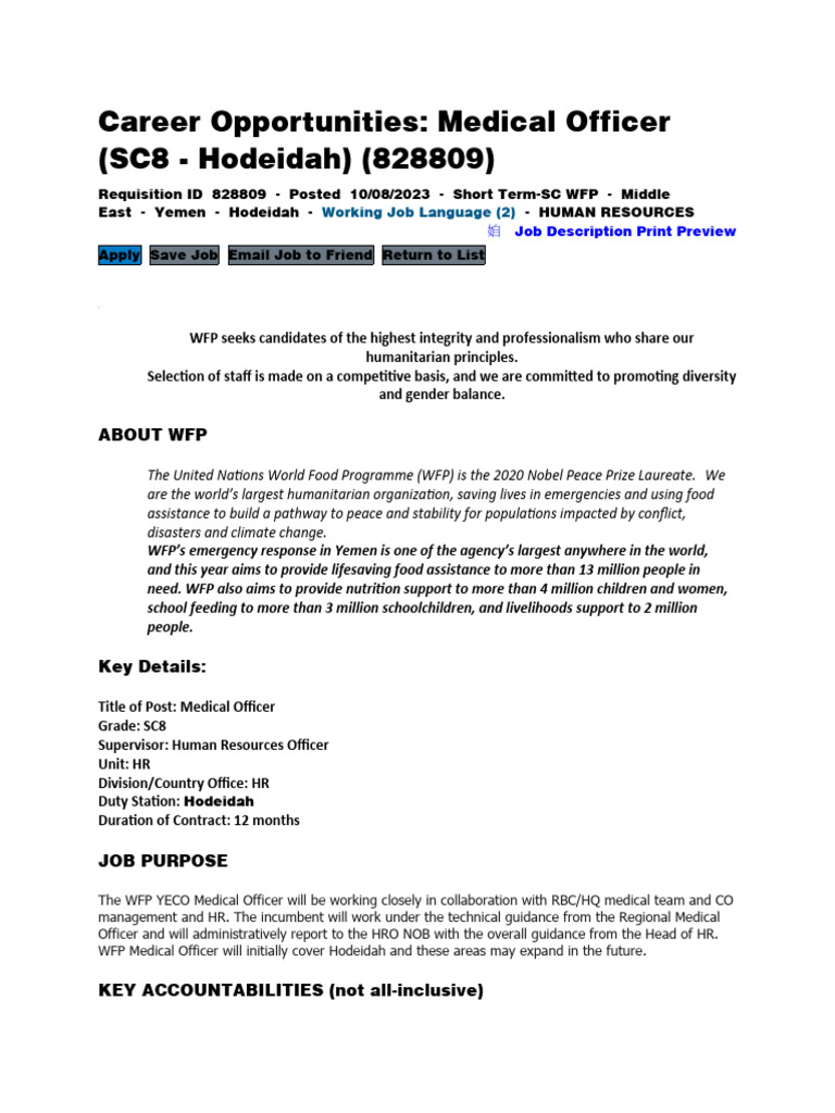 WFP Career Opportunities PDF World Food Programme Health Care