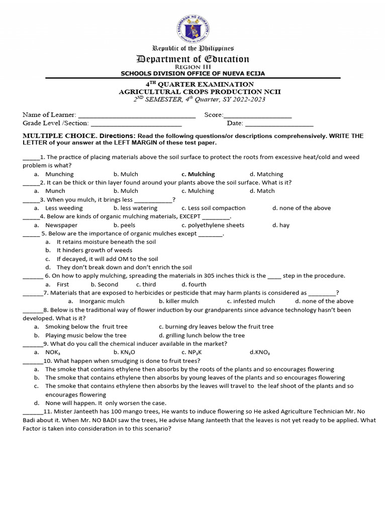 4th Quarter Exam ACP 20222023 PDF Mulch Soil