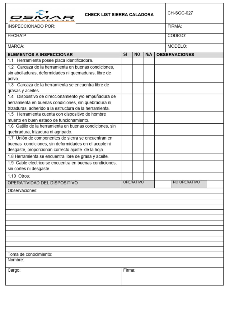 Check List Normas Sierra Caladora | PDF