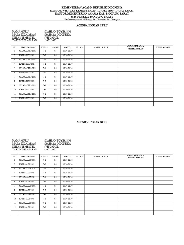 Contoh Format Agenda Harian Guru Mapel (Mata Pelajaran) SMP Kurikulum ...