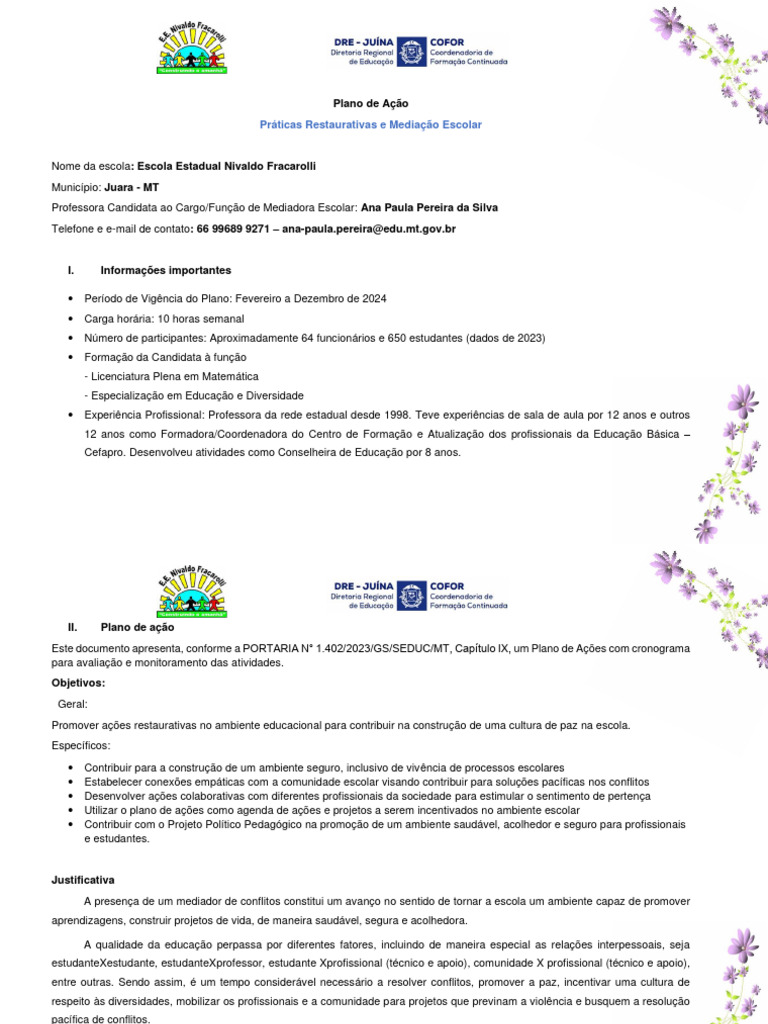 Plano de Ação - Mediadora Escola Fracarolli Juara | PDF | Pedagogia ...