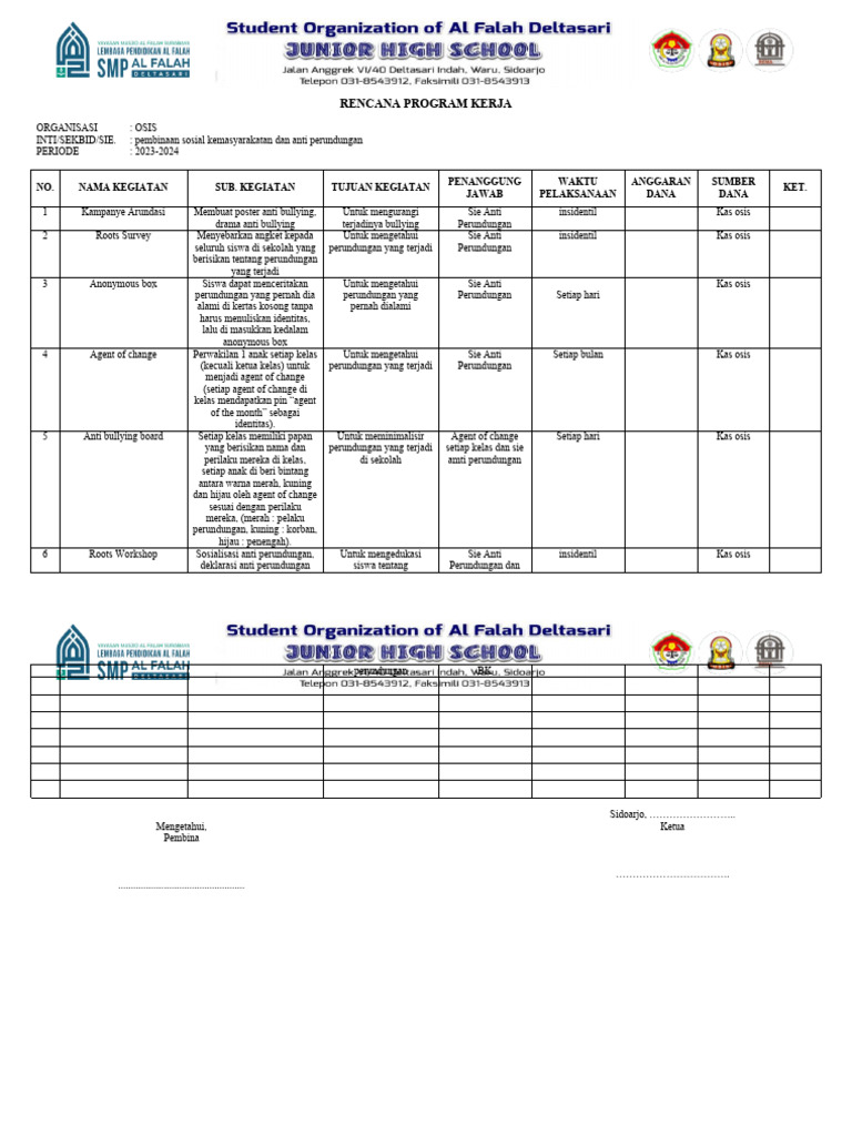 Form Rencana Program Kerja Sie Anti Perundungan | PDF