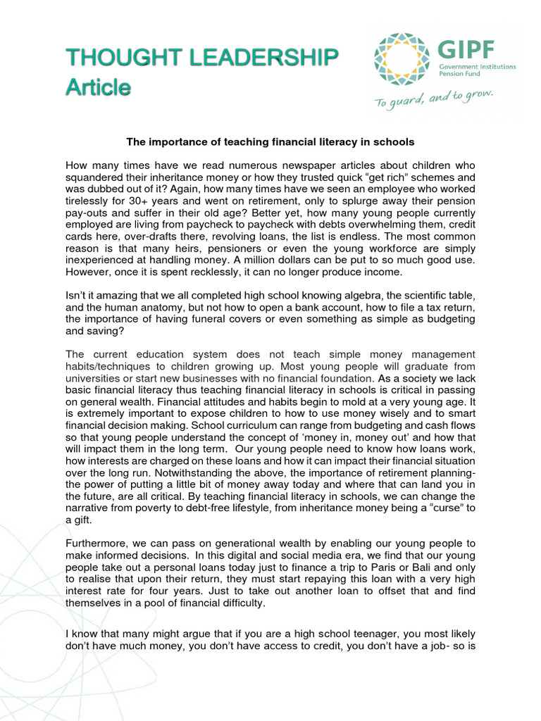 The Importance Of Teaching Financial Literacy In Schools 1 Pdf