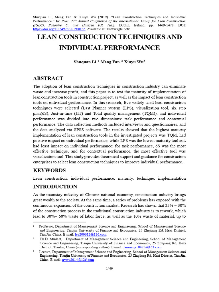 Li Et Al. 2019 - Lean Construction Techniques and Individual ...