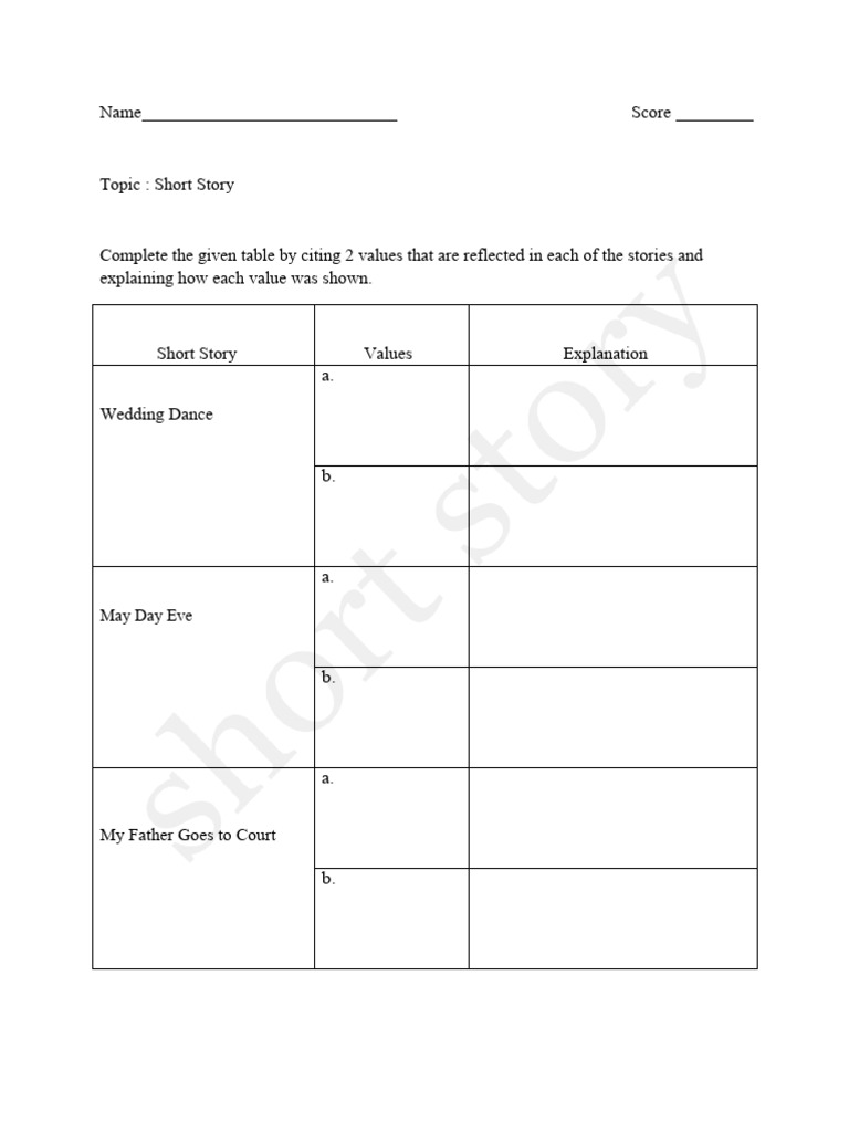 Worksheet Short Story PDF