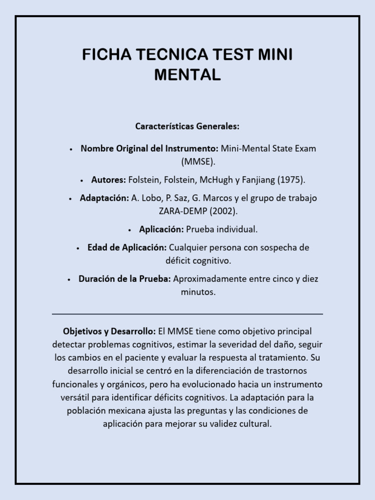 Ficha Técnica del Test Mini Mental | PDF