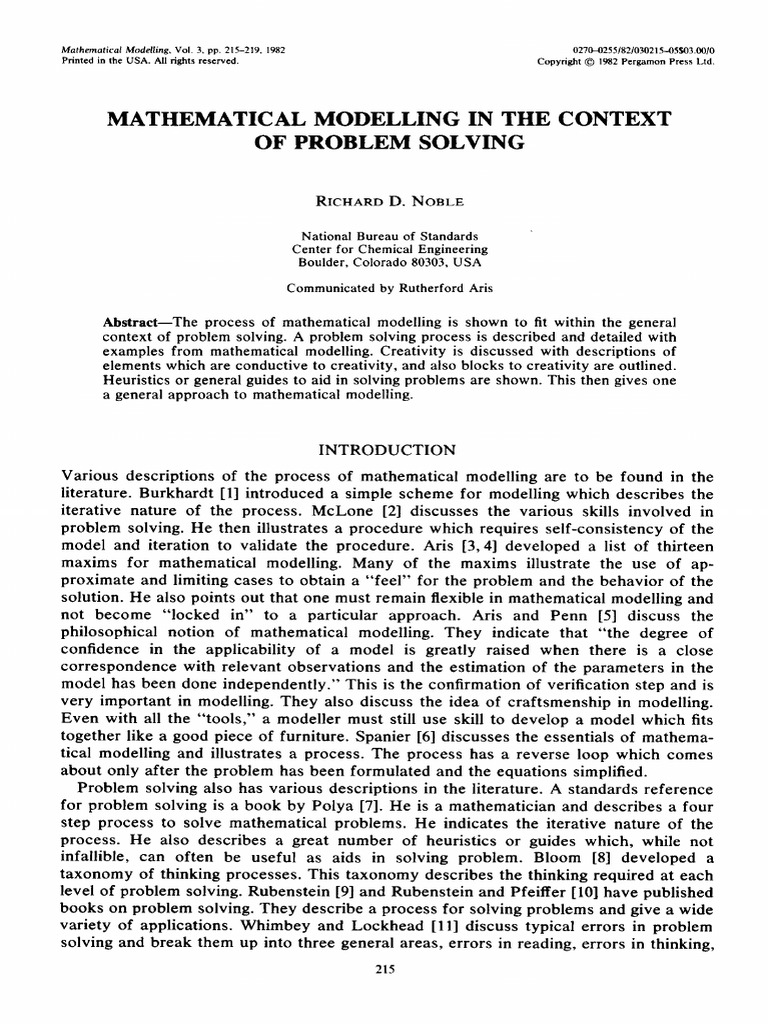Mathematical modelling in the context of problem solving pdf