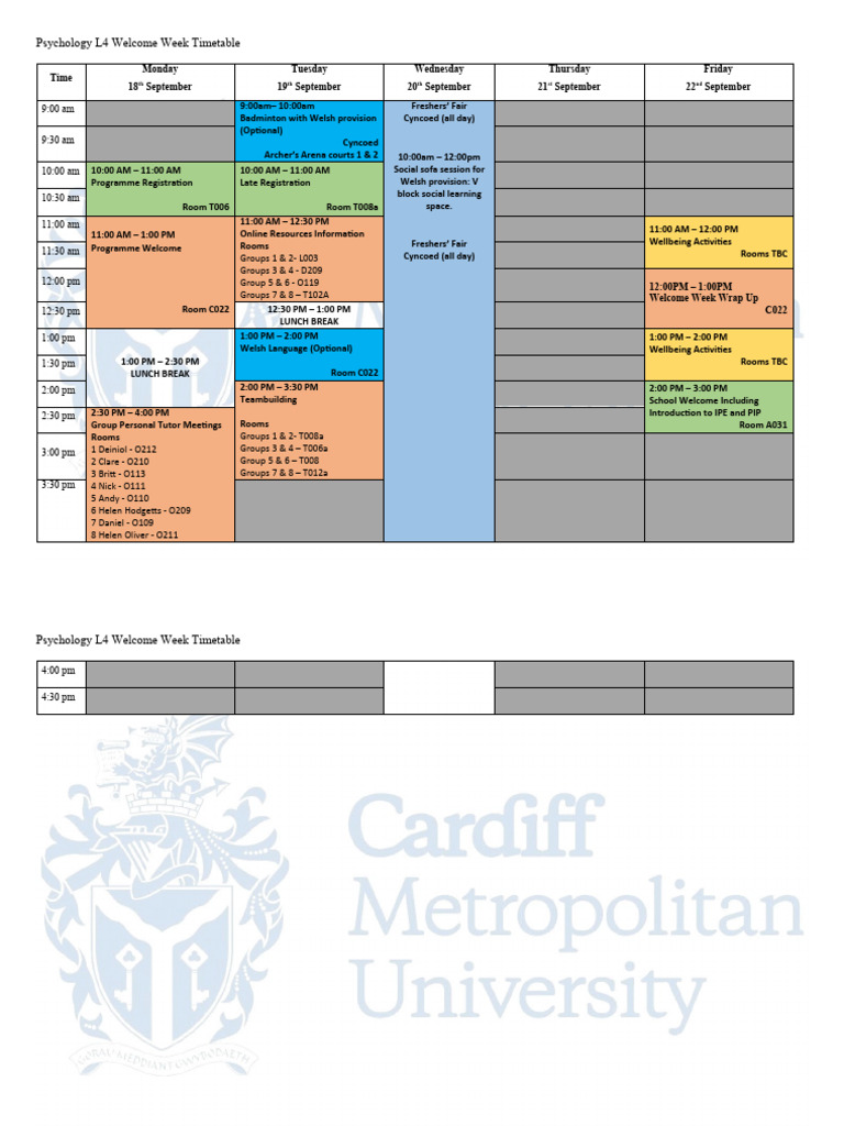 Psychology Level 4 WW Timetable PDF